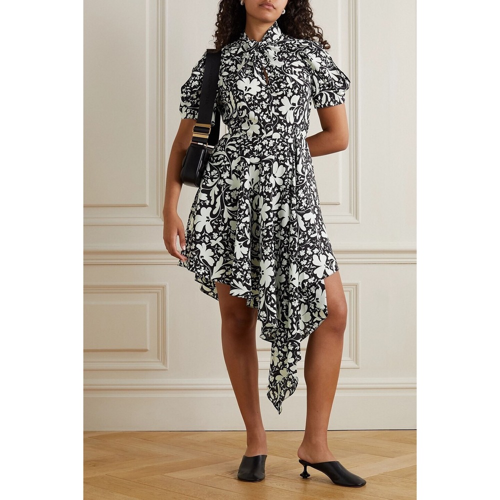 STELLA MCCARTNEY Black White Floralprint Silkcrepe Mini‎ Dress Size 42 TP01